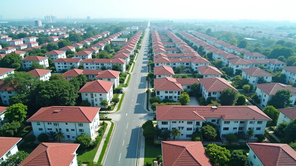 Aerial drone view of suburban residential development showing mix of completed and under-construction housing units with roads and infrastructure