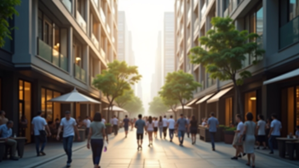 Busy urban street with modern apartment buildings, pedestrians walking, shops and cafes at street level, morning sunlight casting shadows