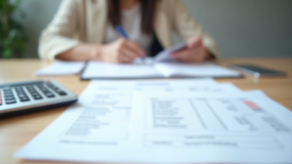 Close-up of financial documents showing interest rates, mortgage calculations, and loan terms with calculator and pen on desk