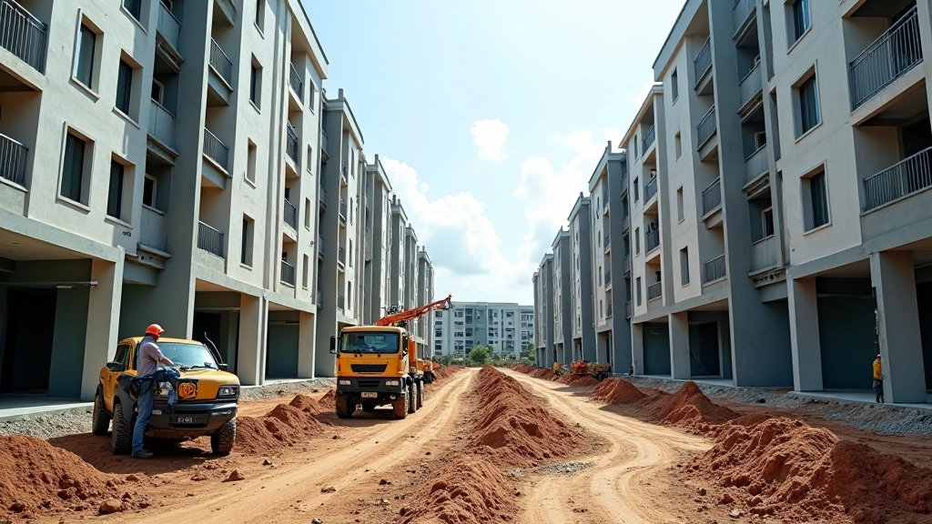 Construction site with workers building affordable housing development and residential units