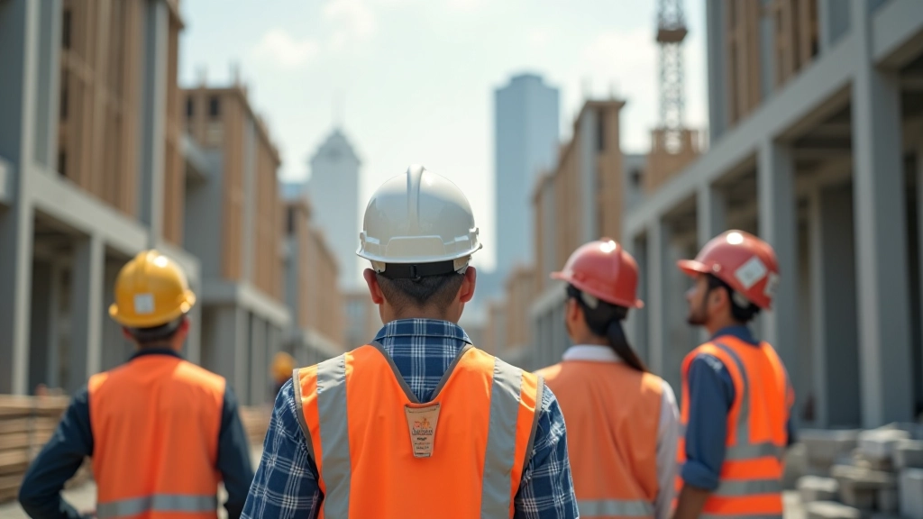 Construction workers on housing project site wearing safety equipment, building affordable residential units