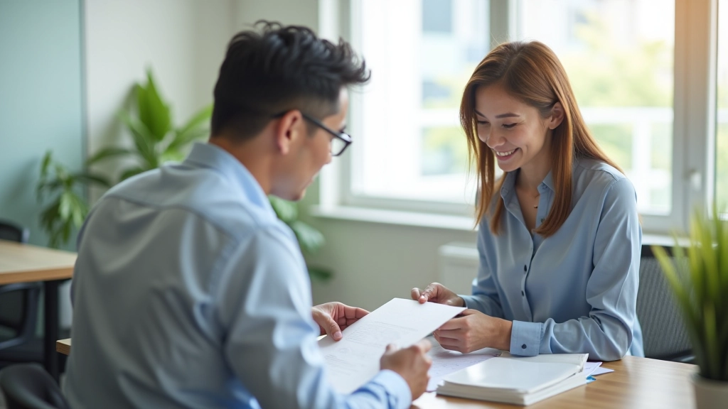 Diverse group of people examining property listings and price information in modern real estate office setting