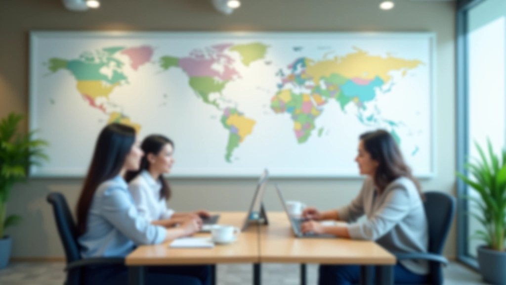 Government housing office or administrative center interior with maps and housing program information displays on walls