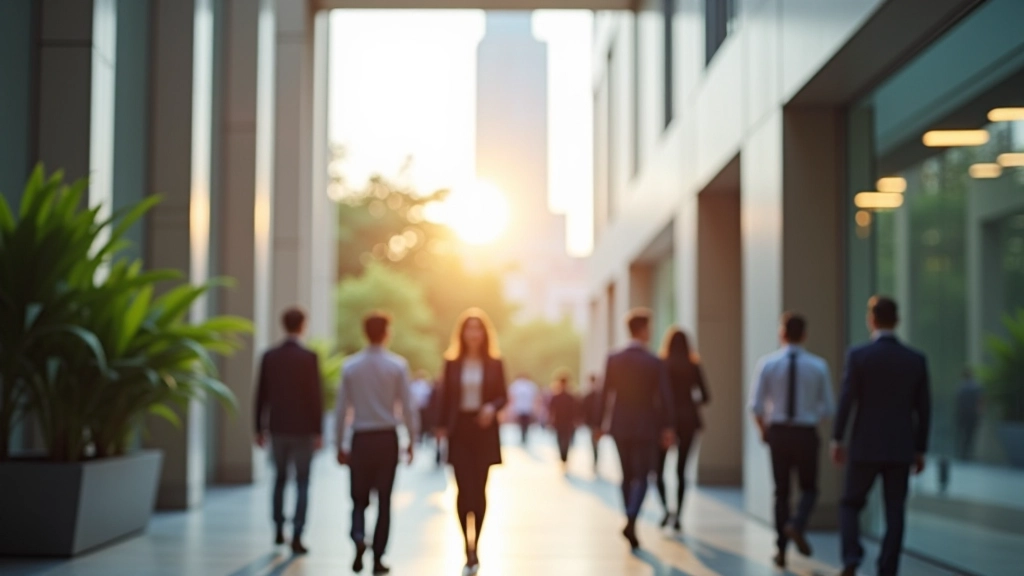 Government building or civic center with architectural design, people in business attire near entrance, official setting with flags