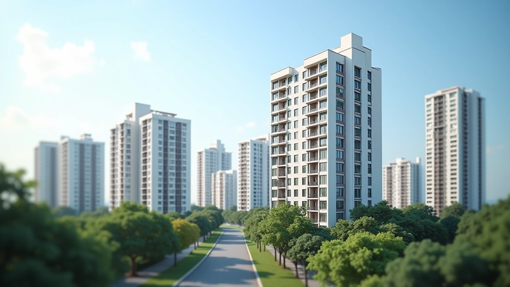 Modern residential apartment buildings with affordable housing designation, showing mid-rise construction in suburban development area