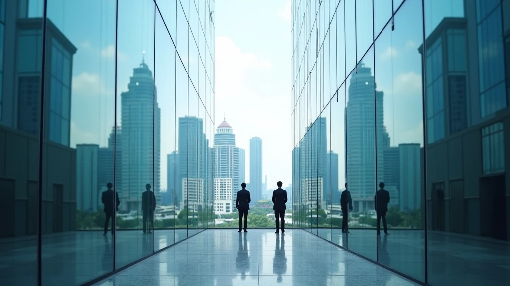 Modern financial district office building with glass facades reflecting city skyline during daytime