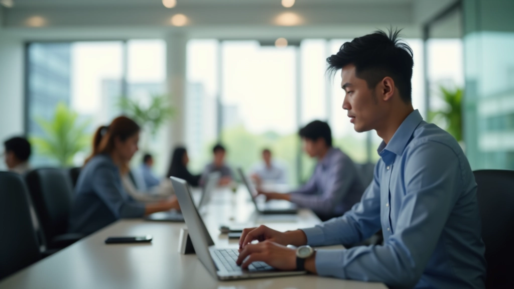 Diverse group of professionals in modern office space, working at desks with laptops and papers, collaborative environment with natural light
