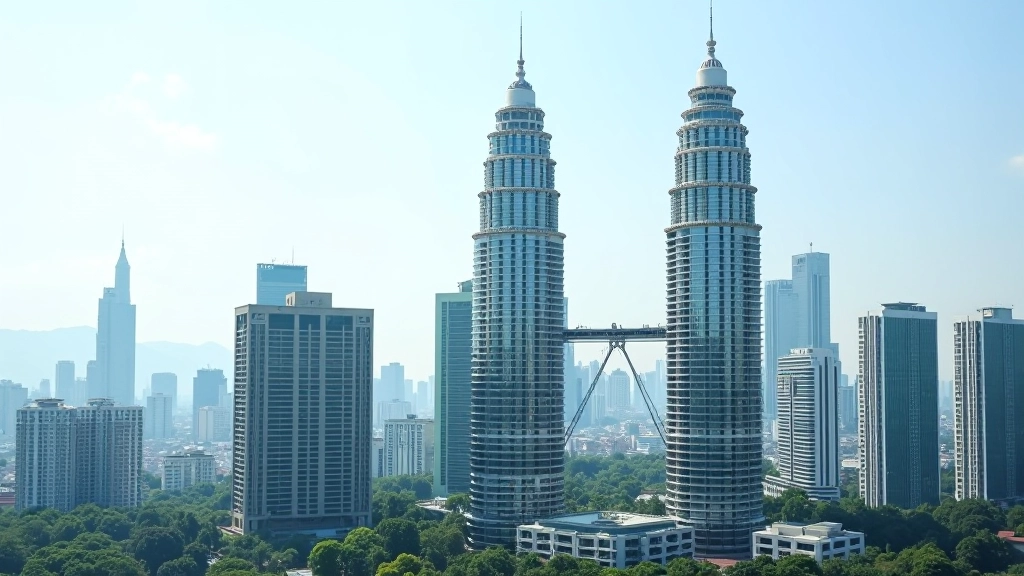 Modern high-rise residential apartment buildings in a Malaysian city skyline with clear blue sky