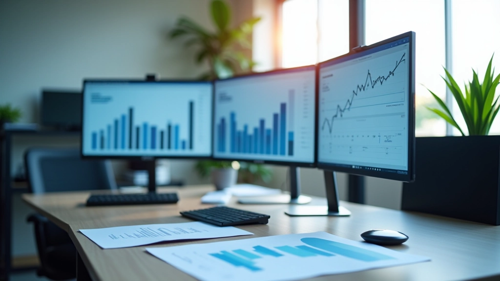 Modern office workspace with property market data displayed on monitors and documents