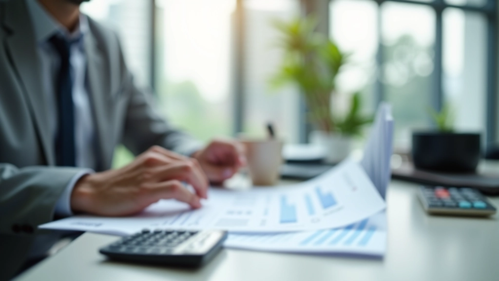 Professional reviewing property price data and documents at desk with calculator and charts showing market trends