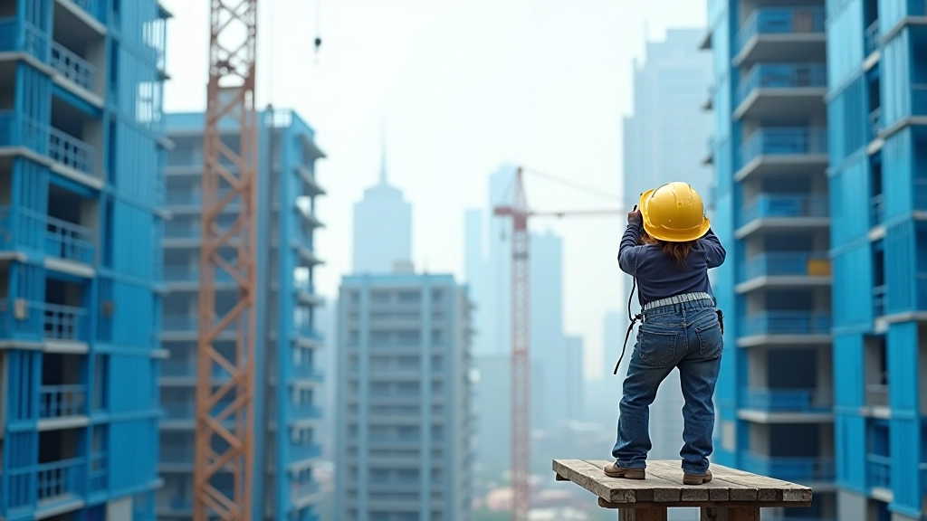 Urban construction site with cranes, multiple building projects under development, blue safety nets, workers visible on scaffolding