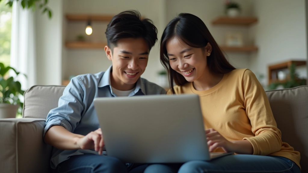 Young couple in casual clothing sitting at home looking at laptop screen with property listings and mortgage calculator